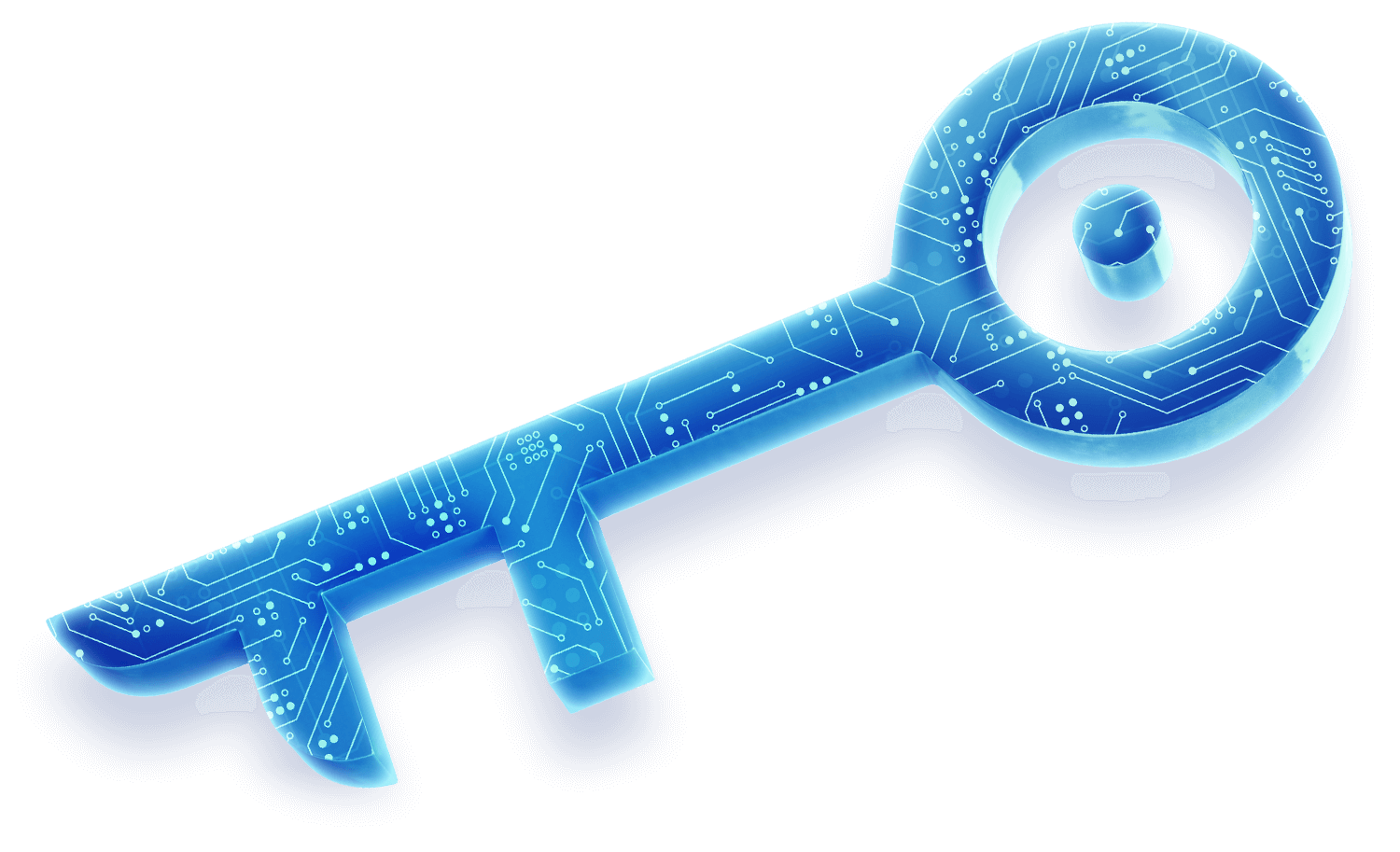 Grafika przedstawiająca stylizowany klucz cyfrowy z zintegrowanymi elementami technologicznymi i sieciowymi, symbolizujący rozwiązania IT oferowane przez TrustIT